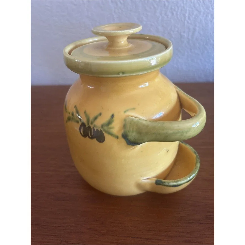 Olive Jar Pot with Wood Tongs LOU PIGNATIER Made In France Ceramic Pottery Rare